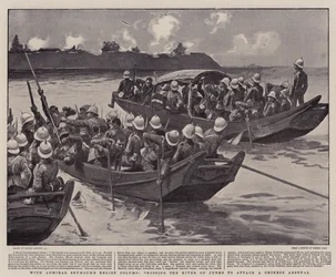 Met de hulpcolonne van admiraal Seymour, de rivier oversteken op jonken om een Chinees arsenaal aan te vallen